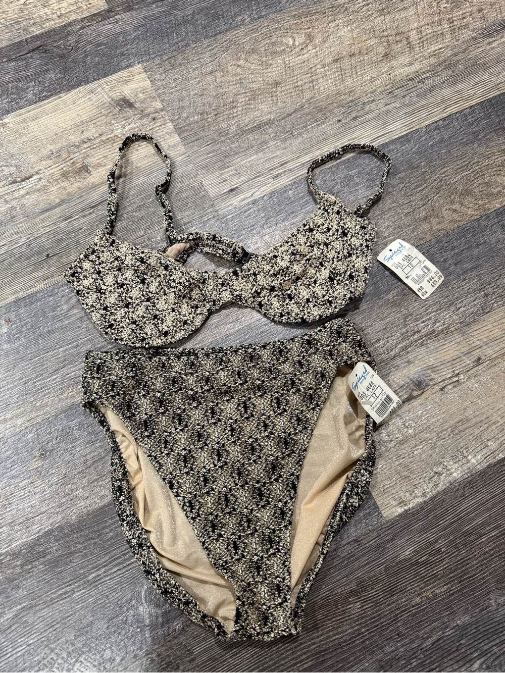 Textured High-Rise Bandeau Bikini Set in Black & Cream size 12/10